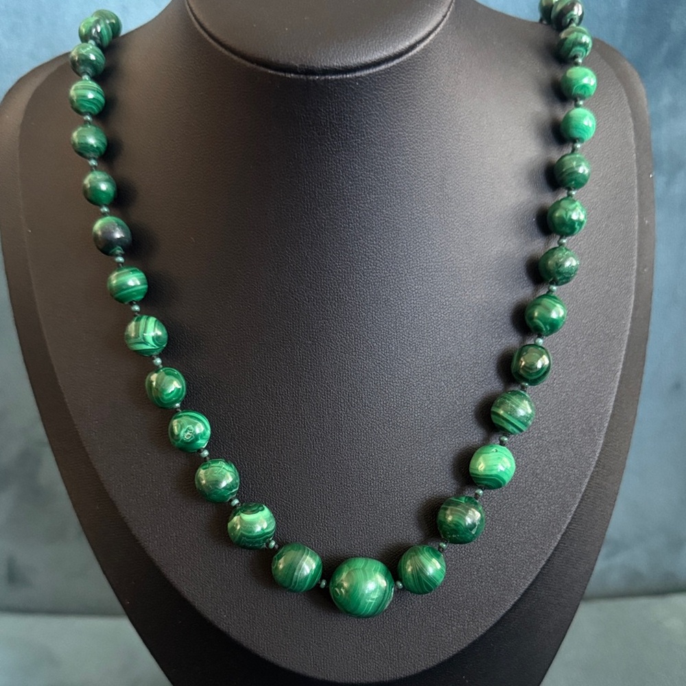 Hand Knotted Carved Natural Malachite Bead Necklace